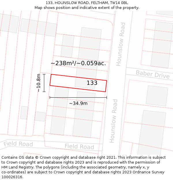 133, HOUNSLOW ROAD, FELTHAM, TW14 0BL: Plot and title map