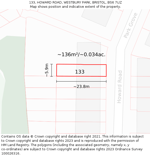 133, HOWARD ROAD, WESTBURY PARK, BRISTOL, BS6 7UZ: Plot and title map