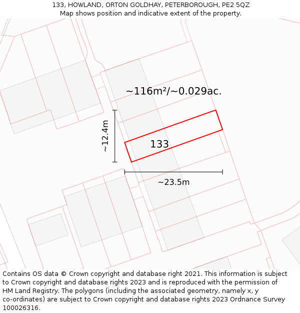 133, HOWLAND, ORTON GOLDHAY, PETERBOROUGH, PE2 5QZ: Plot and title map