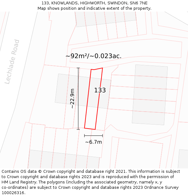 133, KNOWLANDS, HIGHWORTH, SWINDON, SN6 7NE: Plot and title map