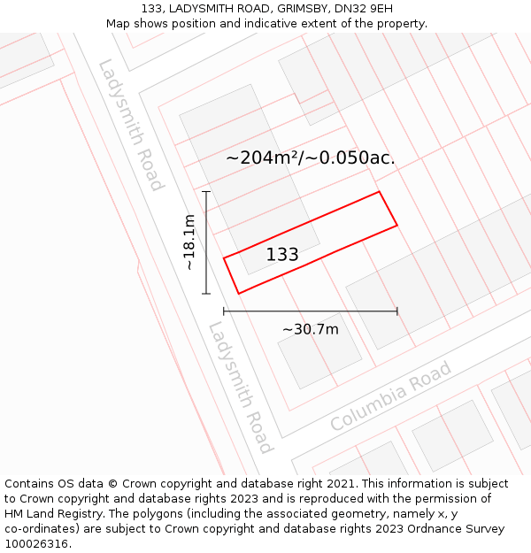 133, LADYSMITH ROAD, GRIMSBY, DN32 9EH: Plot and title map