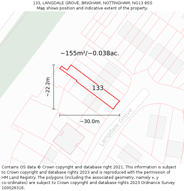 133, LANGDALE GROVE, BINGHAM, NOTTINGHAM, NG13 8SS: Plot and title map
