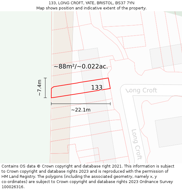 133, LONG CROFT, YATE, BRISTOL, BS37 7YN: Plot and title map