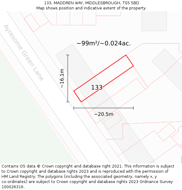 133, MADDREN WAY, MIDDLESBROUGH, TS5 5BD: Plot and title map