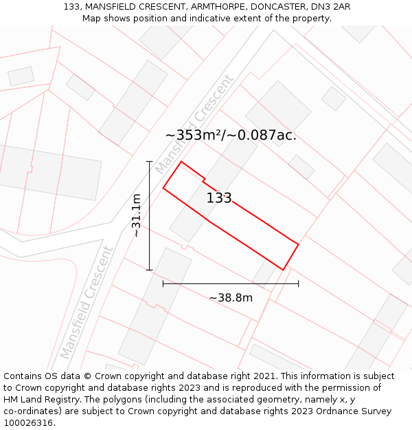 133, MANSFIELD CRESCENT, ARMTHORPE, DONCASTER, DN3 2AR: Plot and title map