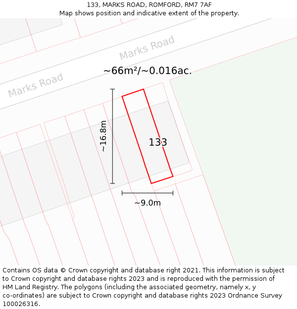 133, MARKS ROAD, ROMFORD, RM7 7AF: Plot and title map