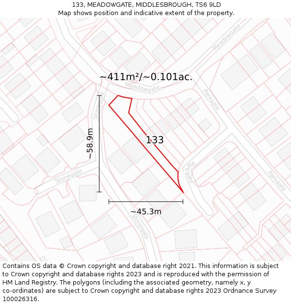 133, MEADOWGATE, MIDDLESBROUGH, TS6 9LD: Plot and title map