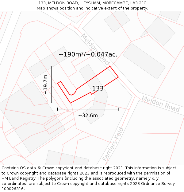 133, MELDON ROAD, HEYSHAM, MORECAMBE, LA3 2FG: Plot and title map