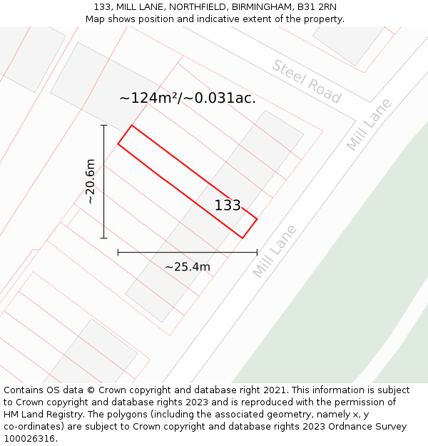 133, MILL LANE, NORTHFIELD, BIRMINGHAM, B31 2RN: Plot and title map