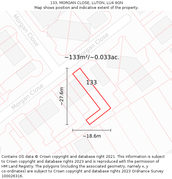 133, MORGAN CLOSE, LUTON, LU4 9GN: Plot and title map