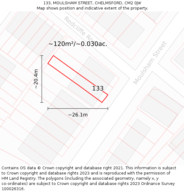 133, MOULSHAM STREET, CHELMSFORD, CM2 0JW: Plot and title map