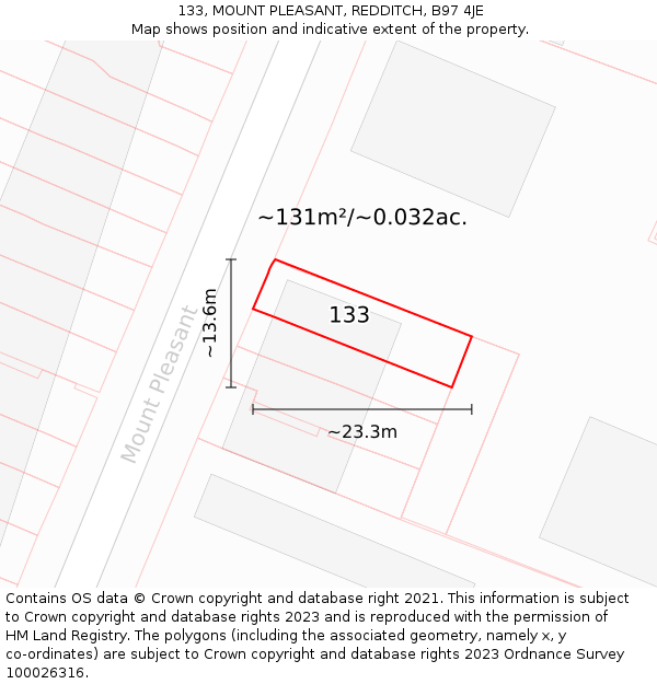 133, MOUNT PLEASANT, REDDITCH, B97 4JE: Plot and title map