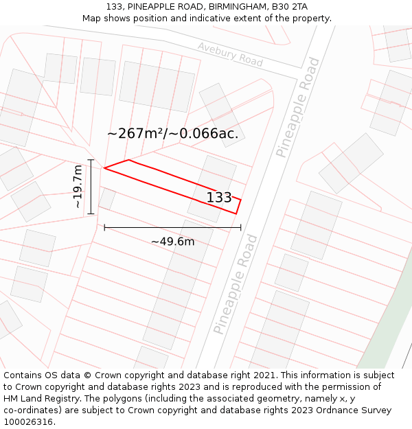 133, PINEAPPLE ROAD, BIRMINGHAM, B30 2TA: Plot and title map