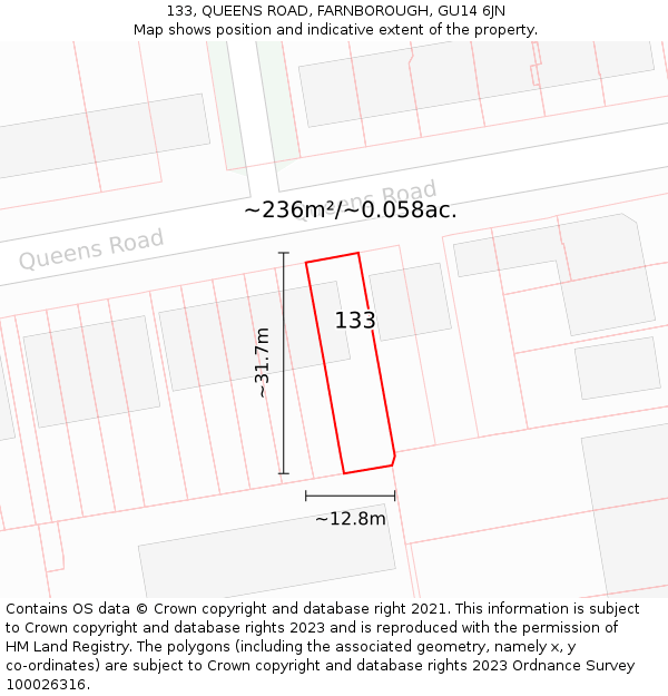133, QUEENS ROAD, FARNBOROUGH, GU14 6JN: Plot and title map