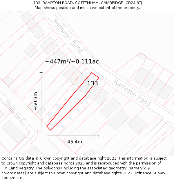 133, RAMPTON ROAD, COTTENHAM, CAMBRIDGE, CB24 8TJ: Plot and title map