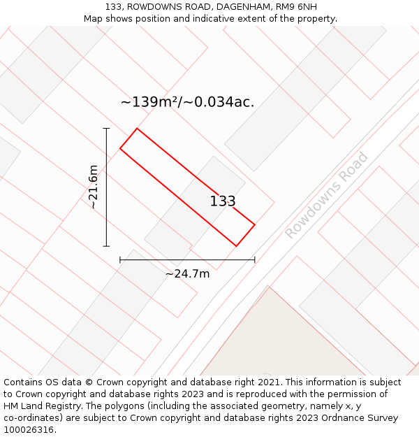 133, ROWDOWNS ROAD, DAGENHAM, RM9 6NH: Plot and title map