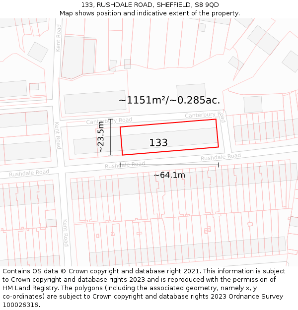133, RUSHDALE ROAD, SHEFFIELD, S8 9QD: Plot and title map