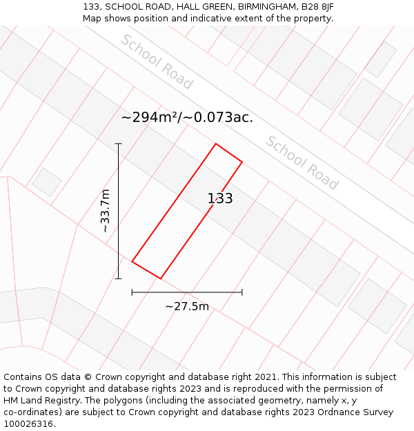 133, SCHOOL ROAD, HALL GREEN, BIRMINGHAM, B28 8JF: Plot and title map