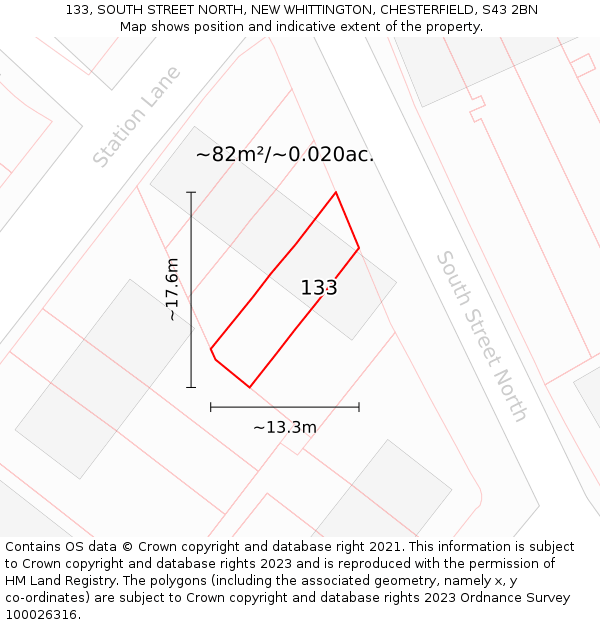 133, SOUTH STREET NORTH, NEW WHITTINGTON, CHESTERFIELD, S43 2BN: Plot and title map