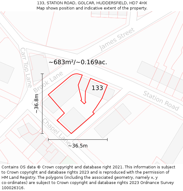 133, STATION ROAD, GOLCAR, HUDDERSFIELD, HD7 4HX: Plot and title map