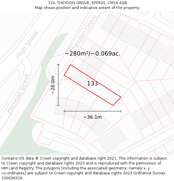 133, THEYDON GROVE, EPPING, CM16 4QB: Plot and title map