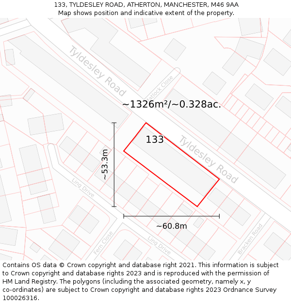 133, TYLDESLEY ROAD, ATHERTON, MANCHESTER, M46 9AA: Plot and title map