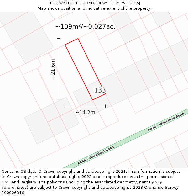 133, WAKEFIELD ROAD, DEWSBURY, WF12 8AJ: Plot and title map