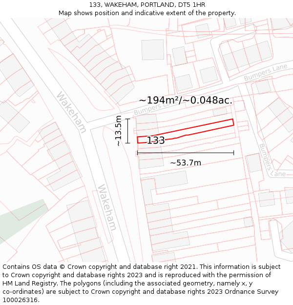 133, WAKEHAM, PORTLAND, DT5 1HR: Plot and title map