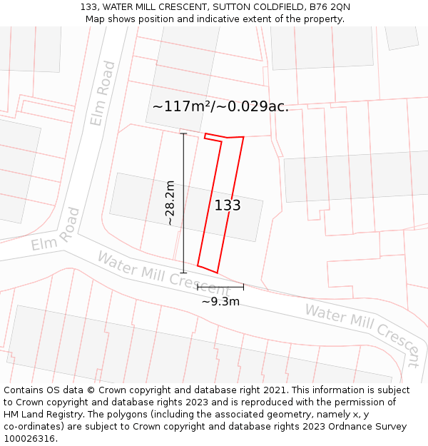133, WATER MILL CRESCENT, SUTTON COLDFIELD, B76 2QN: Plot and title map