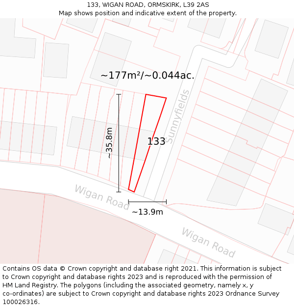 133, WIGAN ROAD, ORMSKIRK, L39 2AS: Plot and title map