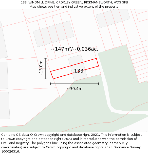 133, WINDMILL DRIVE, CROXLEY GREEN, RICKMANSWORTH, WD3 3FB: Plot and title map