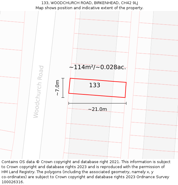 133, WOODCHURCH ROAD, BIRKENHEAD, CH42 9LJ: Plot and title map