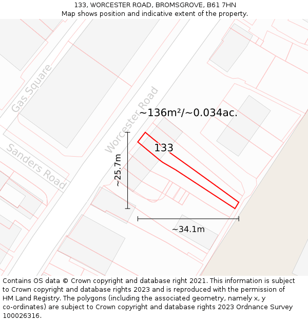 133, WORCESTER ROAD, BROMSGROVE, B61 7HN: Plot and title map