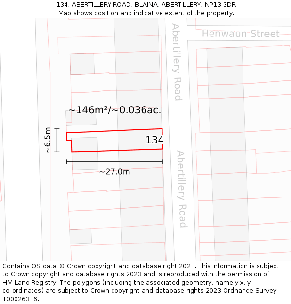 134, ABERTILLERY ROAD, BLAINA, ABERTILLERY, NP13 3DR: Plot and title map