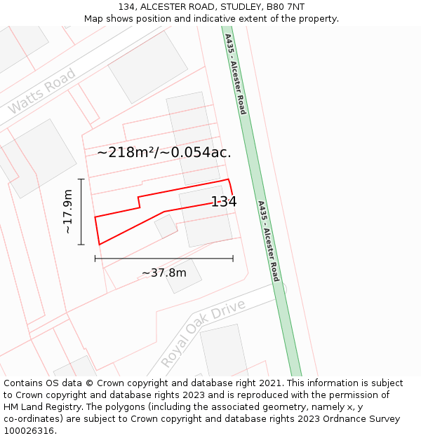 134, ALCESTER ROAD, STUDLEY, B80 7NT: Plot and title map