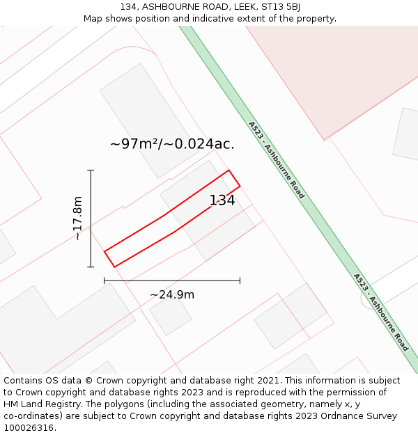 134, ASHBOURNE ROAD, LEEK, ST13 5BJ: Plot and title map