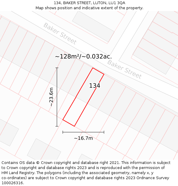134, BAKER STREET, LUTON, LU1 3QA: Plot and title map