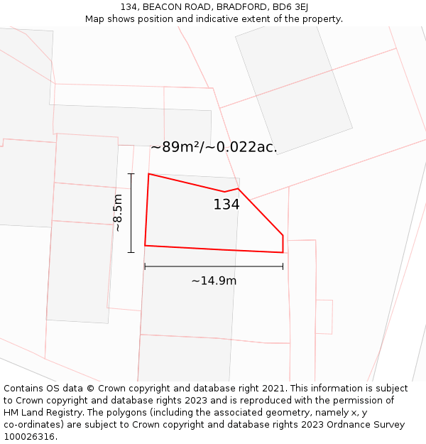 134, BEACON ROAD, BRADFORD, BD6 3EJ: Plot and title map