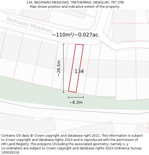 134, BEDOWAN MEADOWS, TRETHERRAS, NEWQUAY, TR7 2TB: Plot and title map