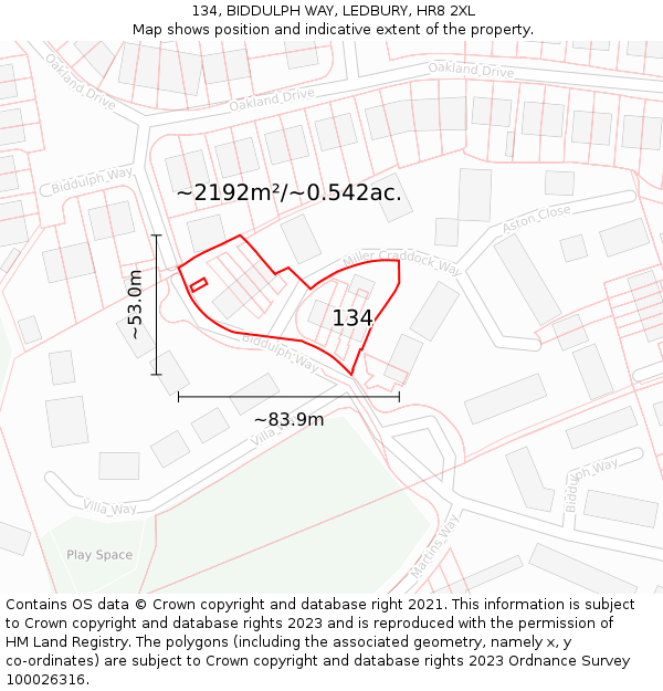 134, BIDDULPH WAY, LEDBURY, HR8 2XL: Plot and title map