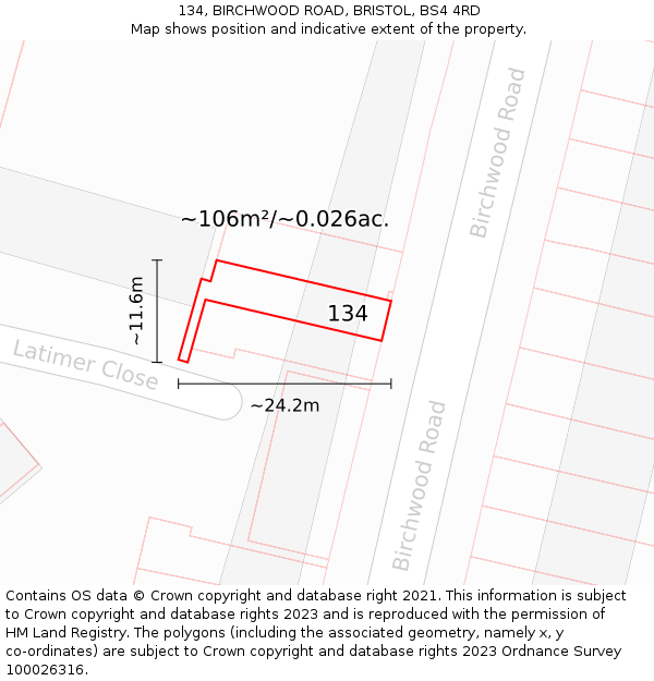 134, BIRCHWOOD ROAD, BRISTOL, BS4 4RD: Plot and title map