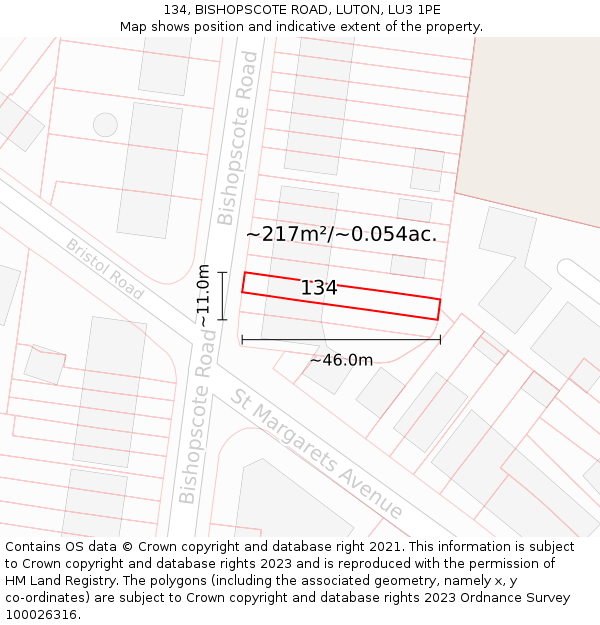 134, BISHOPSCOTE ROAD, LUTON, LU3 1PE: Plot and title map