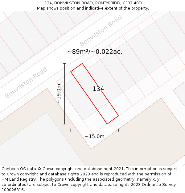 134, BONVILSTON ROAD, PONTYPRIDD, CF37 4RD: Plot and title map