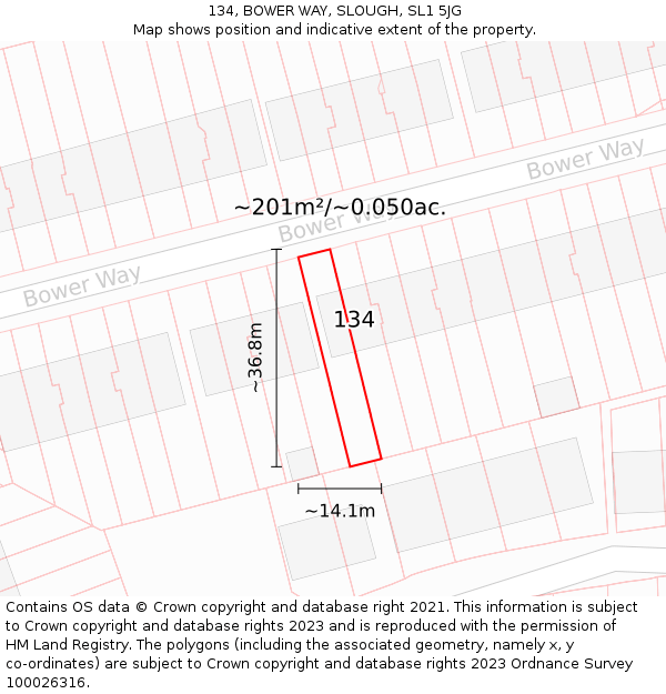 134, BOWER WAY, SLOUGH, SL1 5JG: Plot and title map