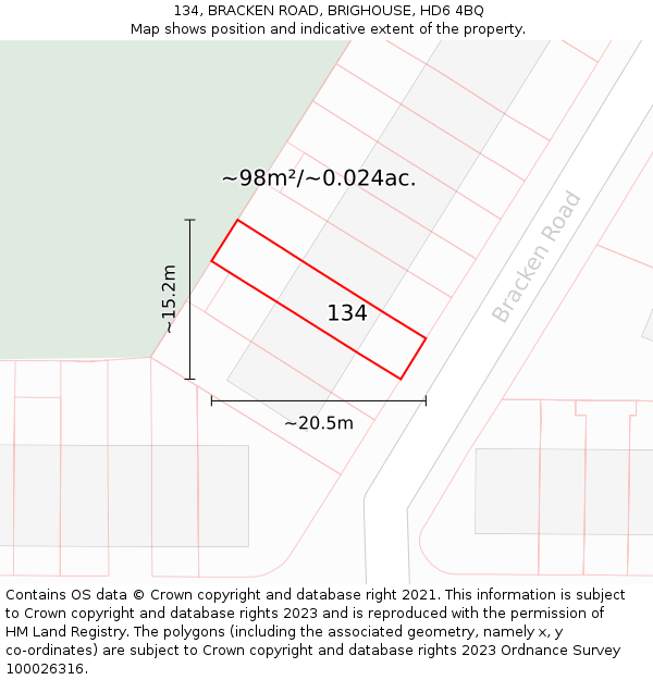134, BRACKEN ROAD, BRIGHOUSE, HD6 4BQ: Plot and title map
