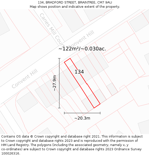 134, BRADFORD STREET, BRAINTREE, CM7 9AU: Plot and title map