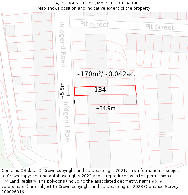 134, BRIDGEND ROAD, MAESTEG, CF34 0NE: Plot and title map