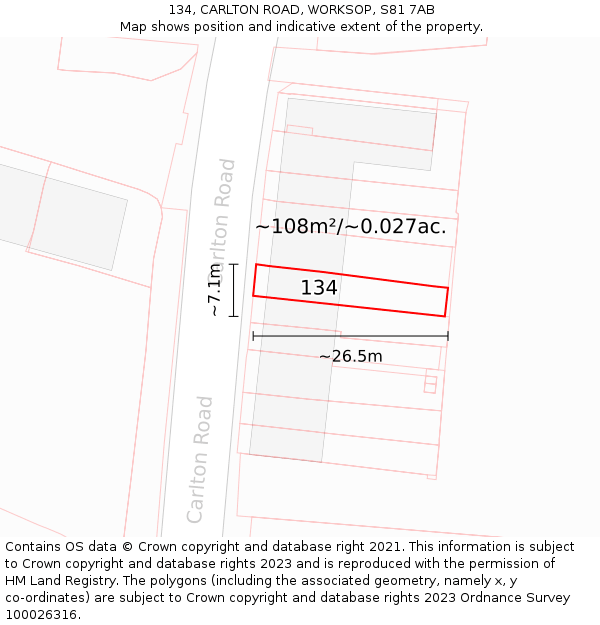 134, CARLTON ROAD, WORKSOP, S81 7AB: Plot and title map