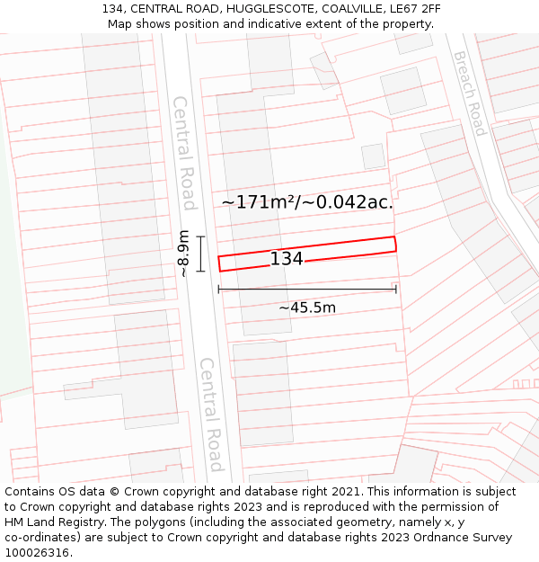 134, CENTRAL ROAD, HUGGLESCOTE, COALVILLE, LE67 2FF: Plot and title map