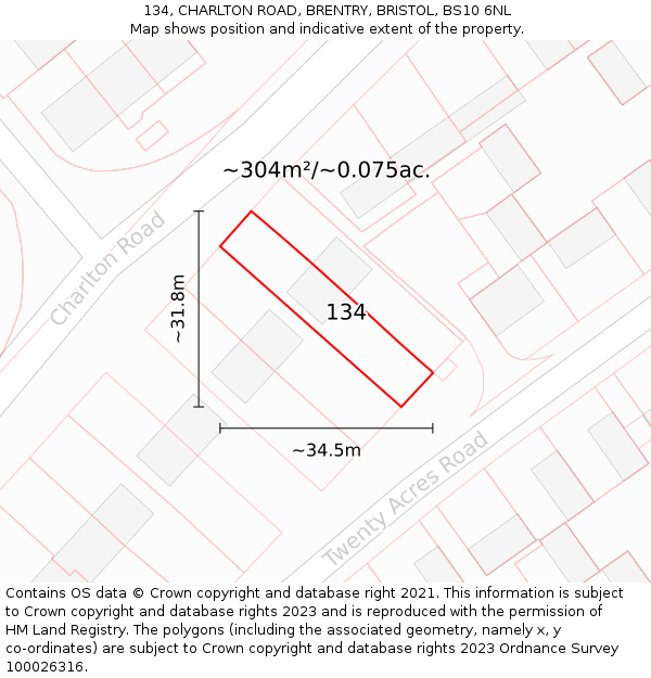 134, CHARLTON ROAD, BRENTRY, BRISTOL, BS10 6NL: Plot and title map